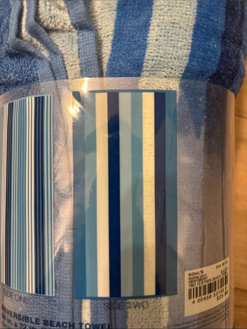 The Big One Reversible Beach Pool Towel - Blue & White Stripes 36in x 72 in new